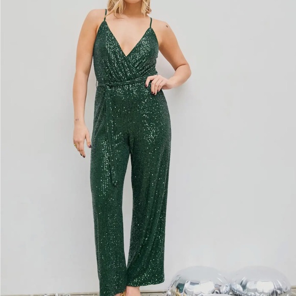 Cider SEQUIN V-NECK SOLID BELTED WIDE LEG JUMPSUIT - Picture 1 of 3